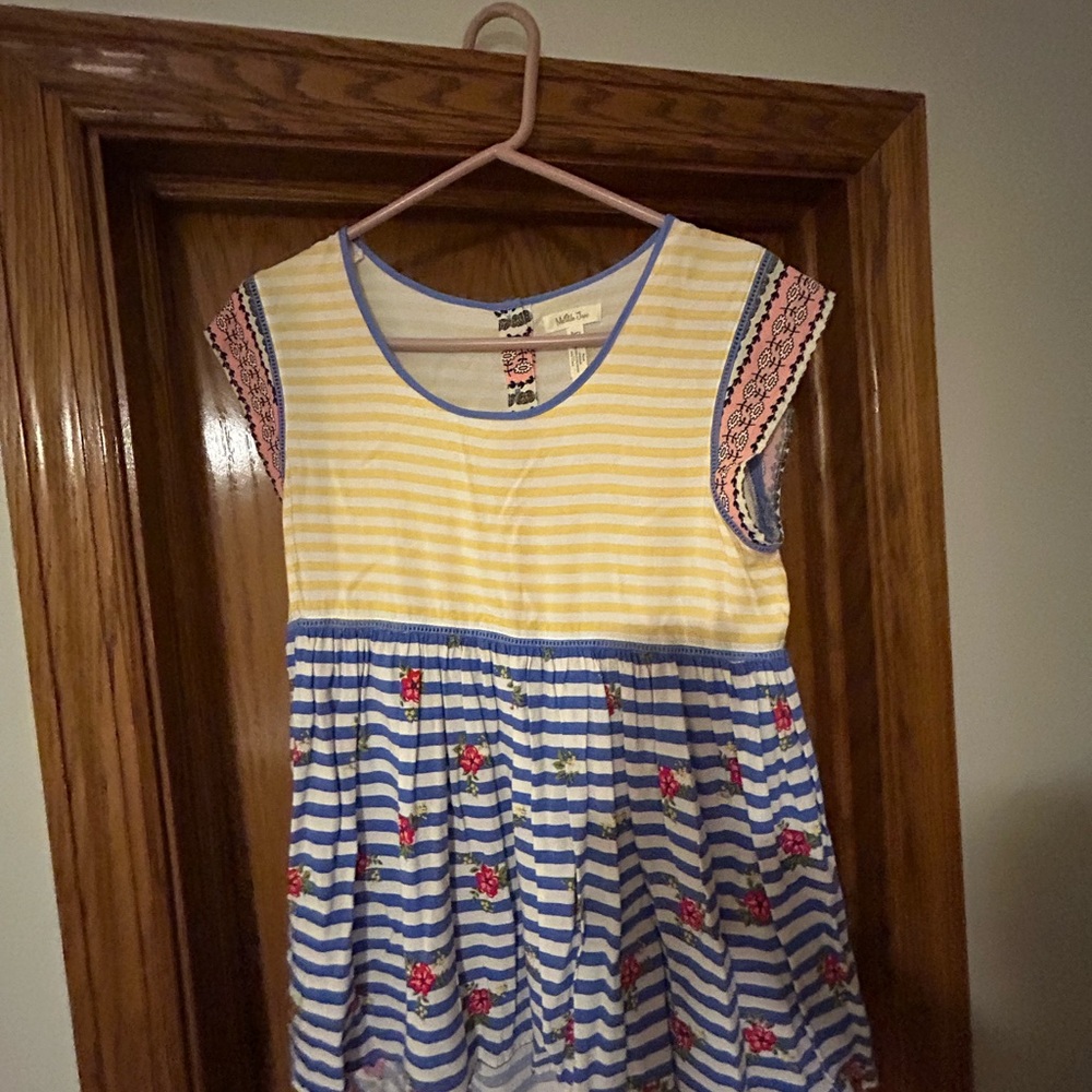 Matilda Jane Medium Striped Yellow and Blue Dress with Floral Accents